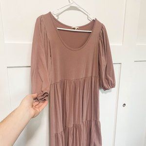 Pink Puff Puffed Sleeve Tiered Dress Mid Sleeve Comfy Cute Fall Dress